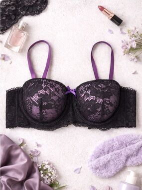 VS Push Up Bra 34B Black Purple Lace Demi